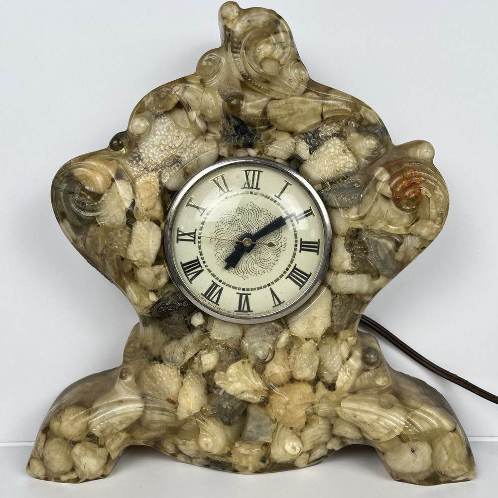 Vtg MCM Lanshire‎ Resin Embossed Rock Vomit Mantle Clock WORKS - FLAWS - AS IS